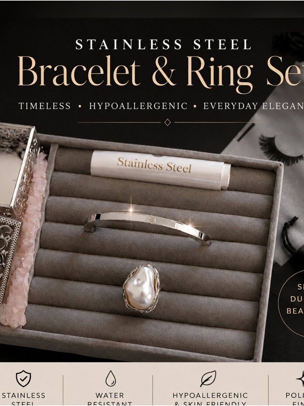 Silver Bracelet Pearl Accent Ring Set